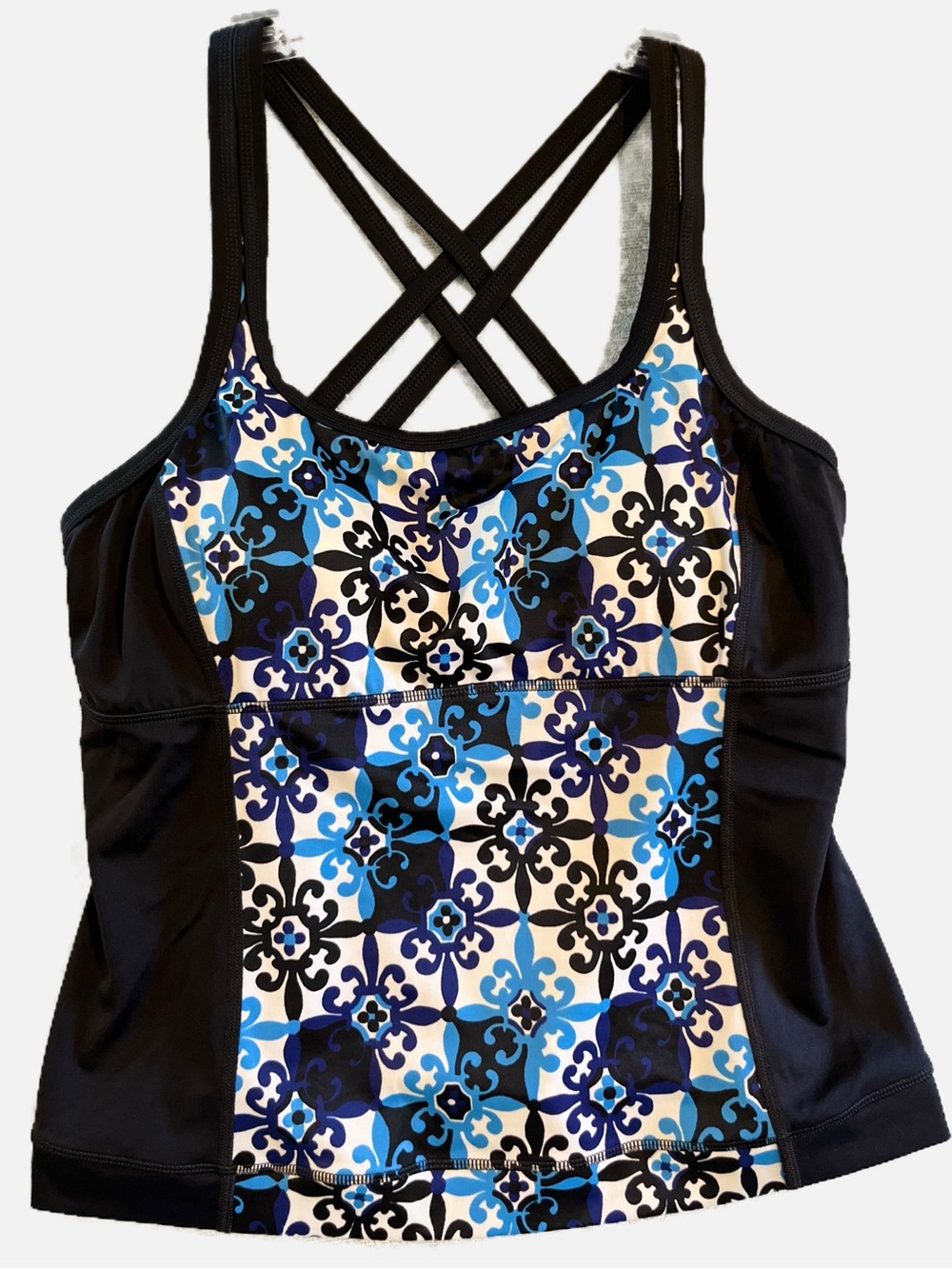 Lands' End Women’s Black & Blue Tile-Print Tankini Top with Crisscross Straps 12